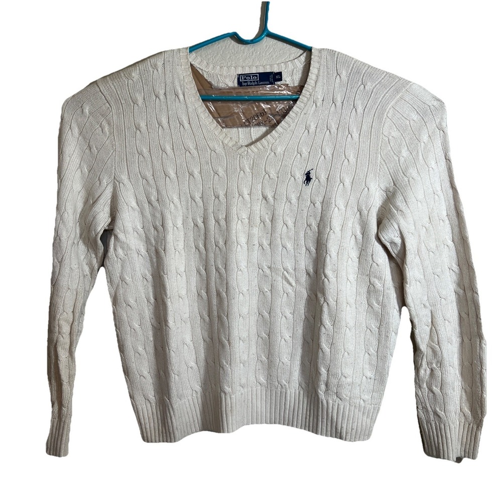 VTG Polo Ralph Lauren Sweater 100% Tussah Silk Men's XL Cable Knit V-Neck